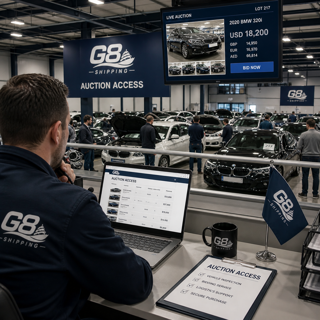Vehicle auction access and G8 Shipping auction support