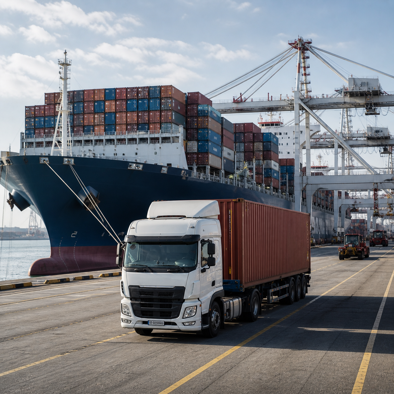 Container truck and port logistics with G8 Shipping branded cargo