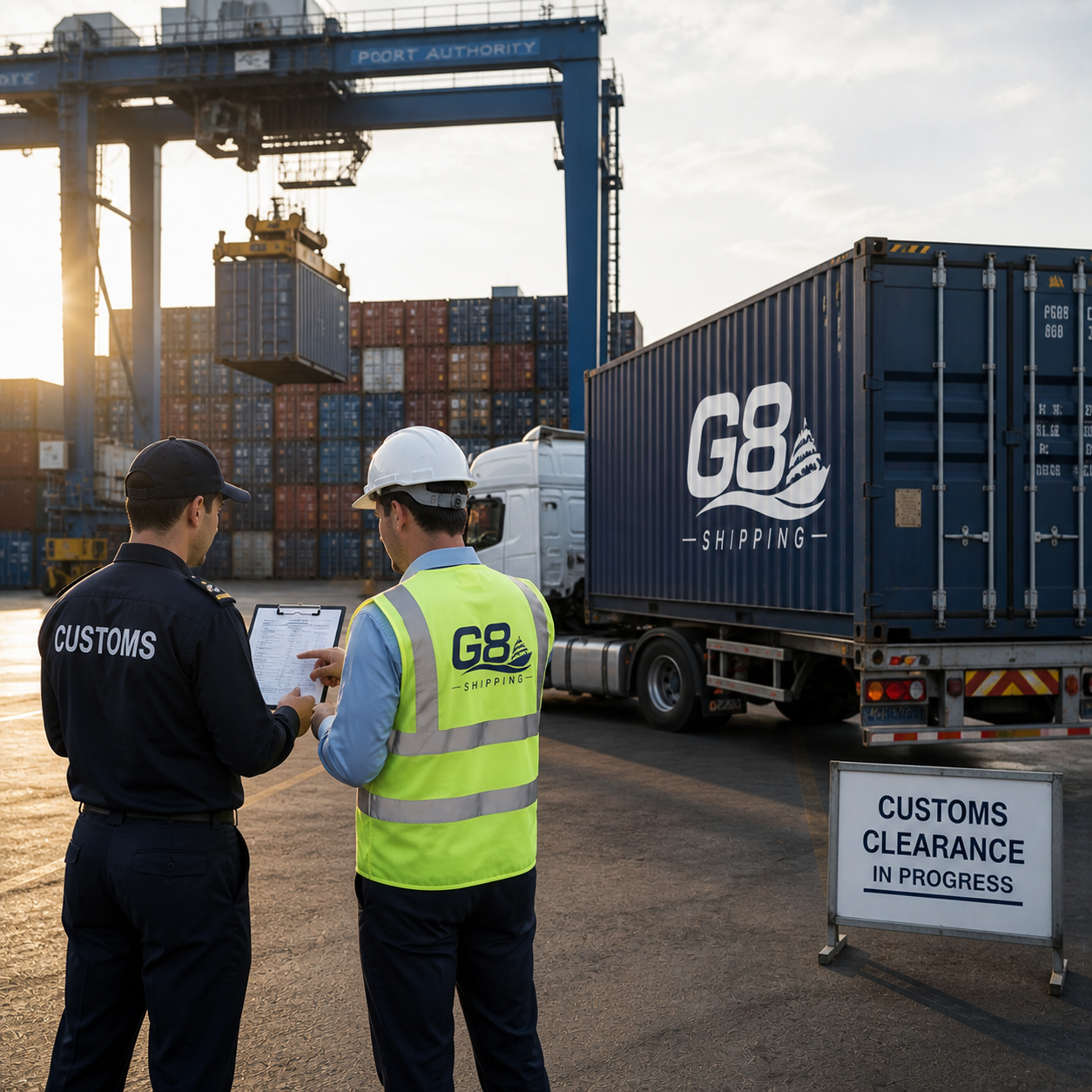 Customs clearance in progress with port staff and G8 Shipping cargo