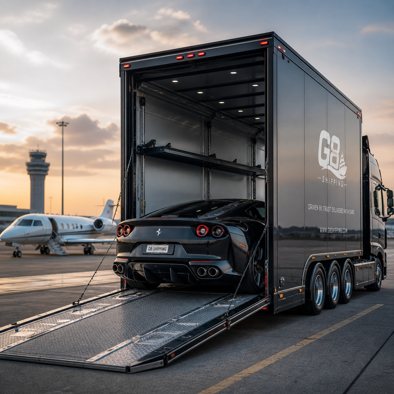 Enclosed luxury vehicle loaded onto G8 Shipping transport at an airport