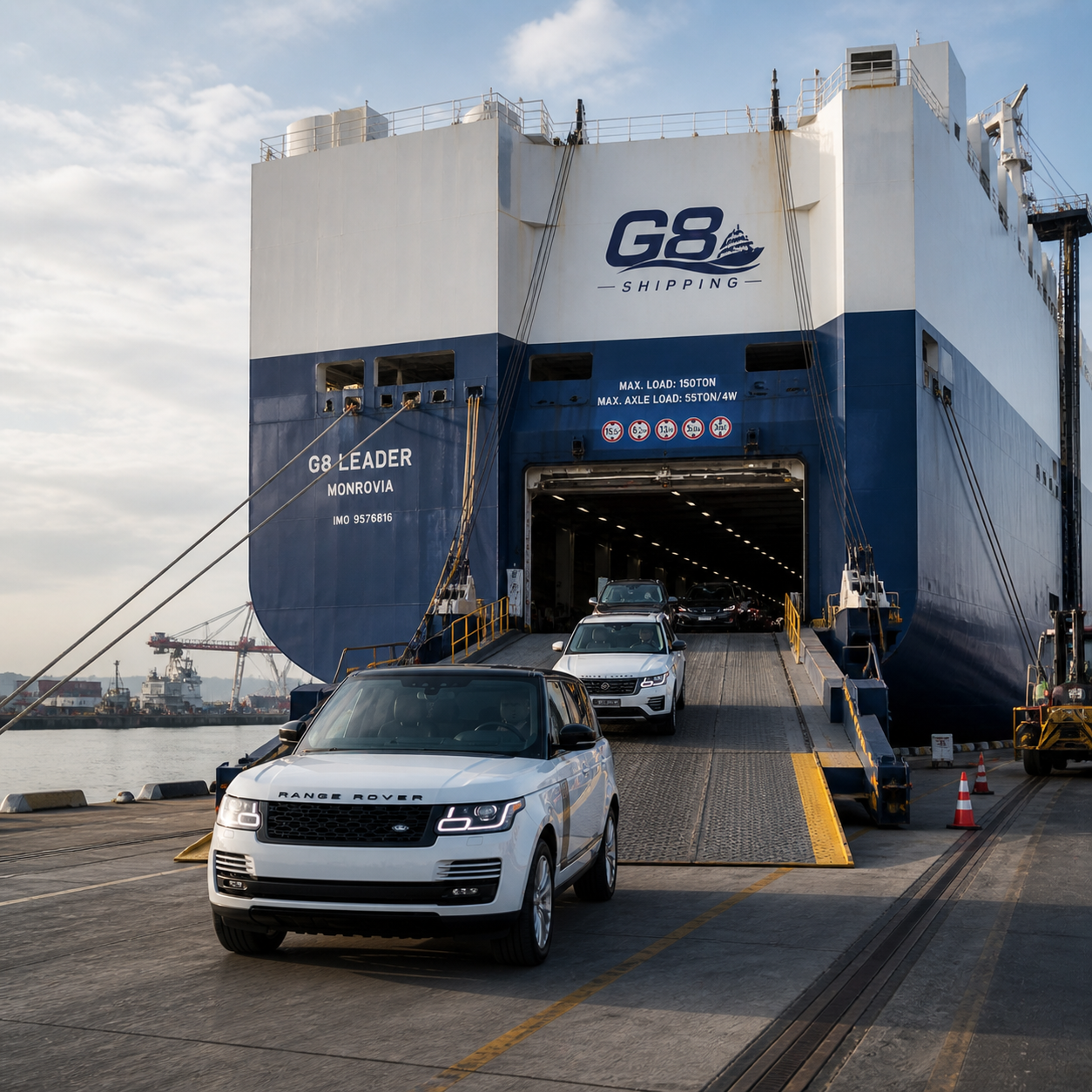 Roll-on roll-off vessel with vehicles disembarking at the port
