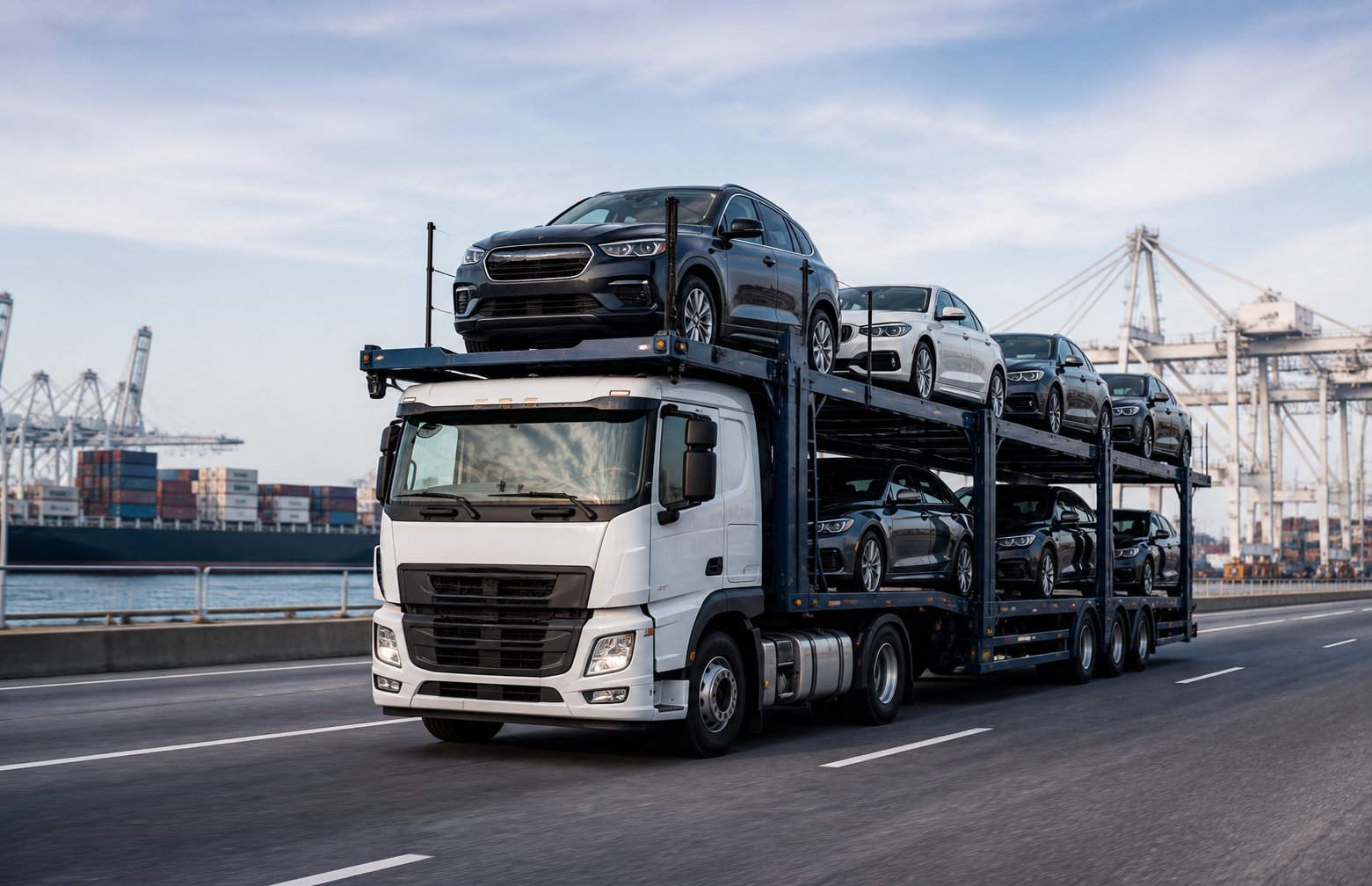 Car carrier truck loaded with vehicles near a port and container ship
